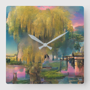 Reloj Cuadrado Árbol salvaje al atardecer junto al estanque