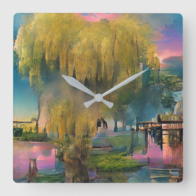 Reloj Cuadrado Árbol salvaje al atardecer junto al estanque (Anverso)