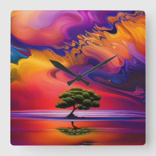 Reloj Cuadrado Árbol solitario en el agua cielo colorido Personal