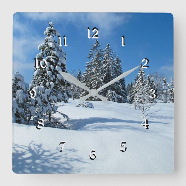 Reloj Cuadrado Árboles cubiertos de nieve, hermosa escena inverna (Anverso)