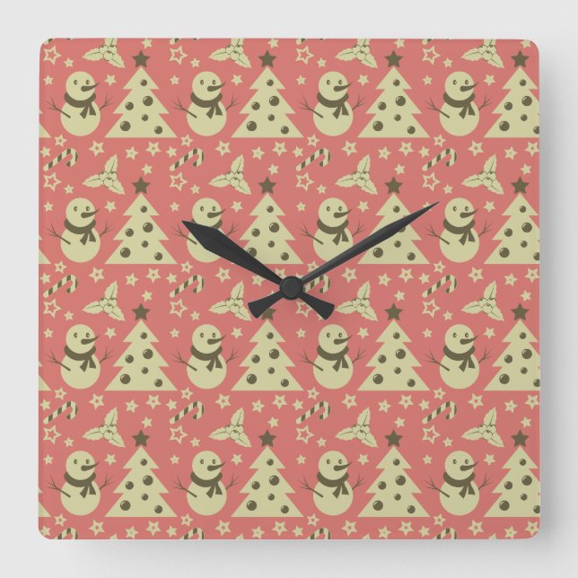 Reloj Cuadrado Árboles de Navidad retro estrella de berry caramel (Anverso)