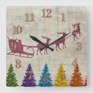 Reloj Cuadrado Árboles de Sleigh y Coloridos de Santa