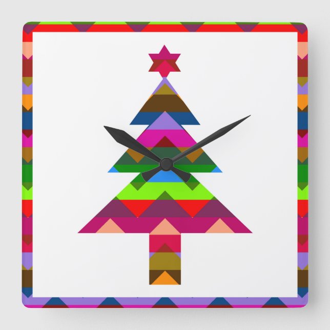 Reloj Cuadrado Árboles navideños multicolores #2 (Anverso)