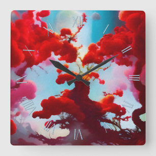 Reloj Cuadrado Árboles rojos abstractos