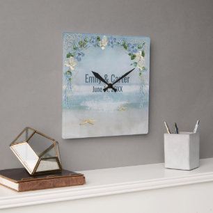 Reloj Cuadrado Arco de boda floral con red náutica