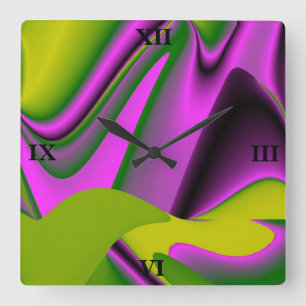 Reloj Cuadrado arcoiris abstracto de color verde púrpura