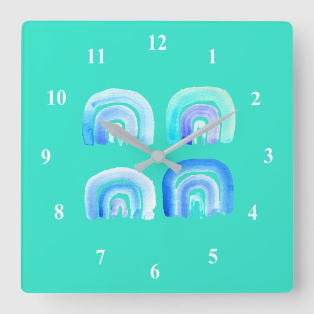 Reloj Cuadrado Arcoiris retro Blue Pastel (Anverso)