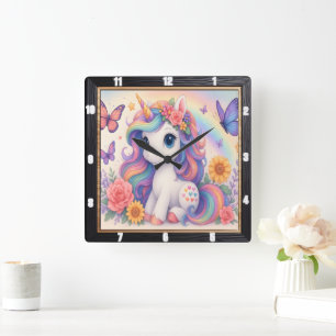 Reloj Cuadrado Arcoíris Unicornio Floral Niño/a