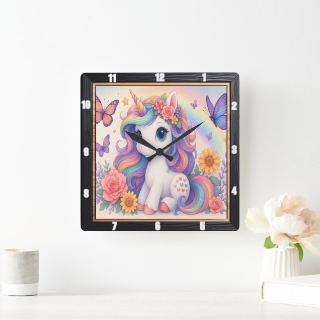 Reloj Cuadrado Arcoíris Unicornio Floral Niño/a (Hogar)