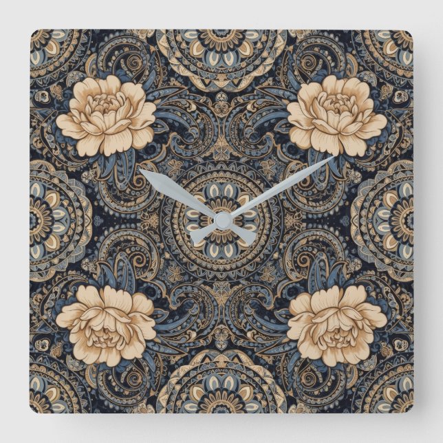 Reloj Cuadrado Aria Grace Midnight Blue Peony Paisley Wall Clock (Anverso)
