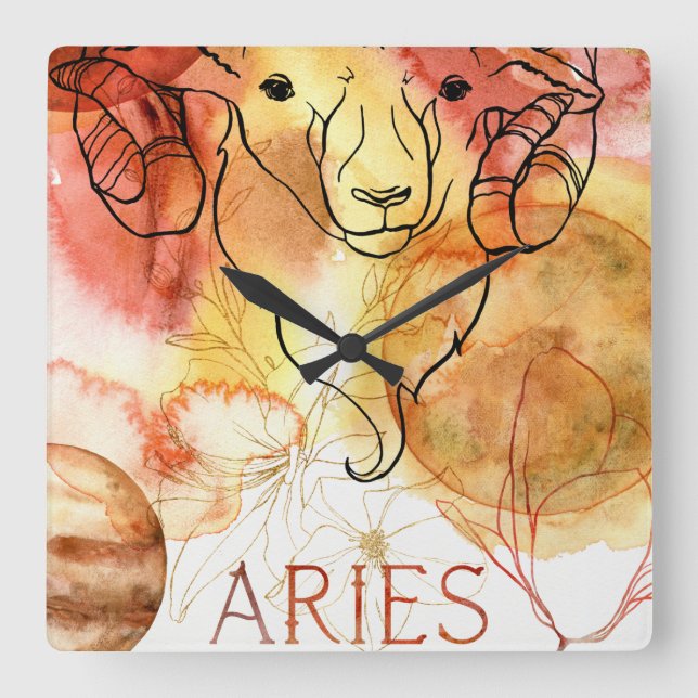 Reloj Cuadrado Aries ram zodiac astrology birthday gold red (Anverso)