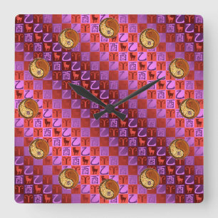 Reloj Cuadrado Aries y Gallo de Madera