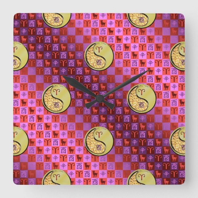 Reloj Cuadrado Aries y Gallo de Metal (Anverso)