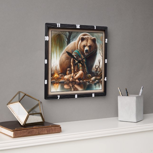 Reloj Cuadrado Armonía de oso de Chica nativo indio (Oficina)