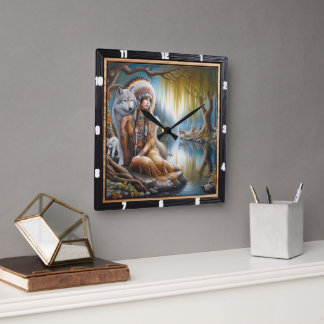 Reloj Cuadrado Armonía indígena nativa: Abrazo de Firelight