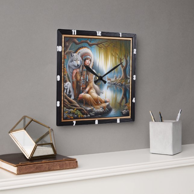 Reloj Cuadrado Armonía indígena nativa: Abrazo de Firelight (Oficina)