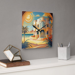 Reloj Cuadrado Arquitectura de playa tropical Art Deco Retro Vint