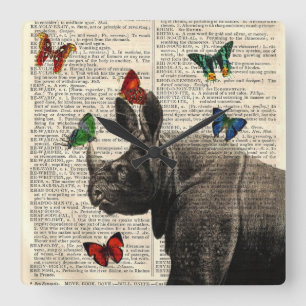 Reloj Cuadrado Art Alterado Rinocerontes Butterflies Wall Clock