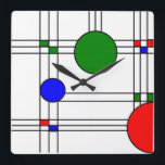 Reloj Cuadrado Art Deco<br><div class="desc">This wall clock has an art deco stained-glass window design of black lines and red, blue, and green squares and circles.</div>