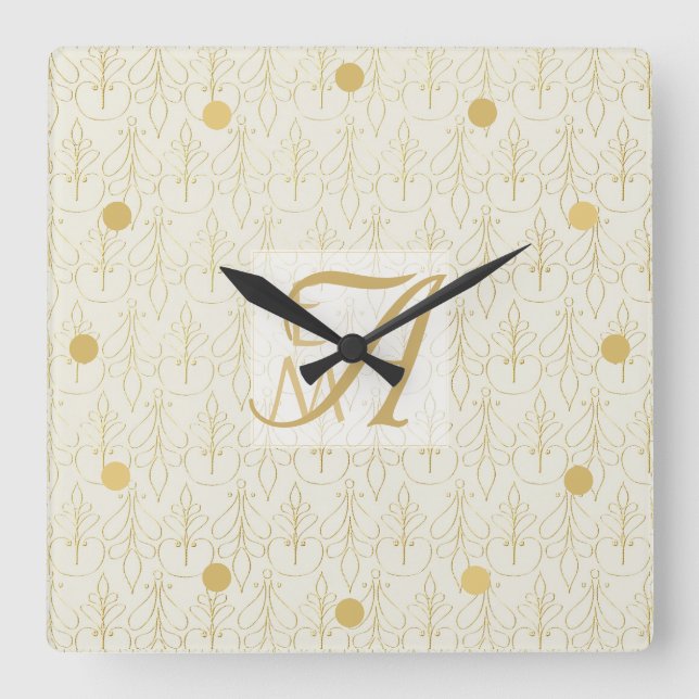 Reloj Cuadrado Art Deco 3 Initial Monogram Gold Cream Pattern (Anverso)