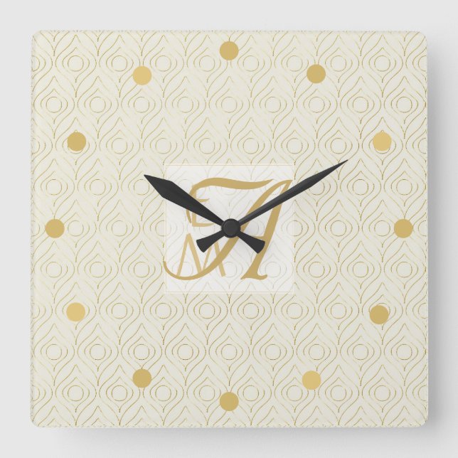 Reloj Cuadrado Art Decó 3 Patrón de crema de oro monograma inicia (Anverso)