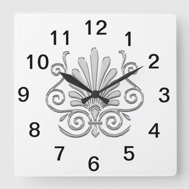 Reloj Cuadrado Art Déco Antiguo Pluma de Plata Arabesco (Anverso)