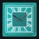 Reloj Cuadrado Art Deco, azul verde azulado<br><div class="desc">Art Deco,  azul verde azulado,  reloj de pared de efecto 3d con números blancos - gráficos digitales</div>