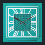 Reloj Cuadrado Art Deco, azul verde azulado<br><div class="desc">Art Deco,  azul verde azulado,  reloj de pared de efecto 3d con números blancos - gráficos digitales</div>