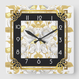 Reloj Cuadrado Art Deco con rosas dorados