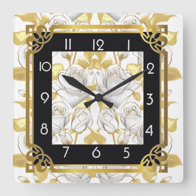 Reloj Cuadrado Art Deco con rosas dorados (Anverso)