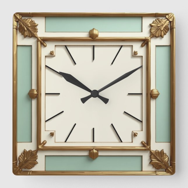 Reloj Cuadrado Art Deco Dorado y Menta (Anverso)