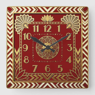Reloj Cuadrado Art Deco Dorado y Rojo