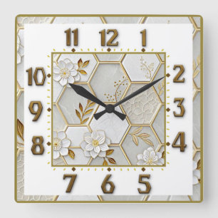 Reloj Cuadrado Art Deco Elegante Blanco, Oro y Flores