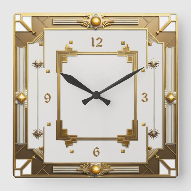 Reloj Cuadrado Art Deco Elegante Blanco y Oro (Anverso)