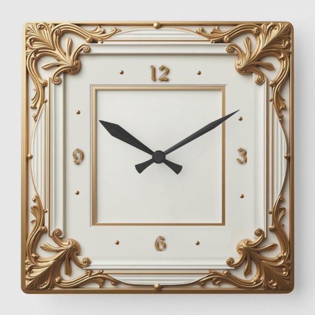 Reloj Cuadrado Art Deco Elegante Blanco y Oro (Anverso)
