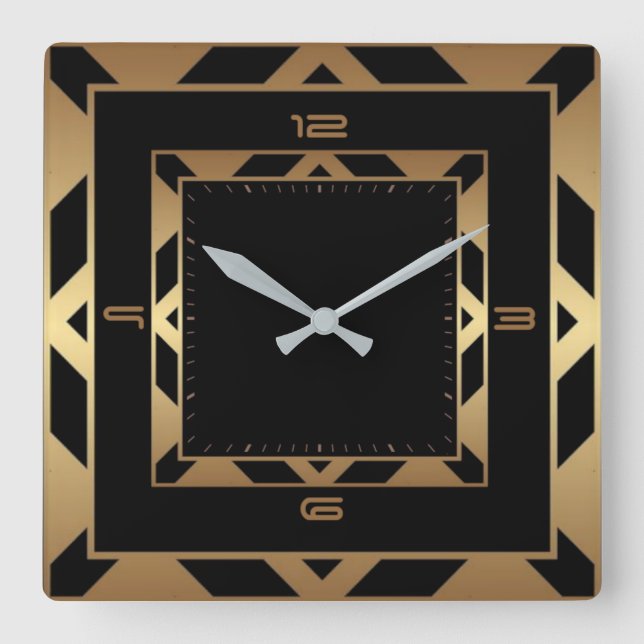 Reloj Cuadrado Art Deco elegante negro y oro (Anverso)