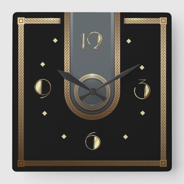 Reloj Cuadrado Art Deco elegante negro y oro (Anverso)