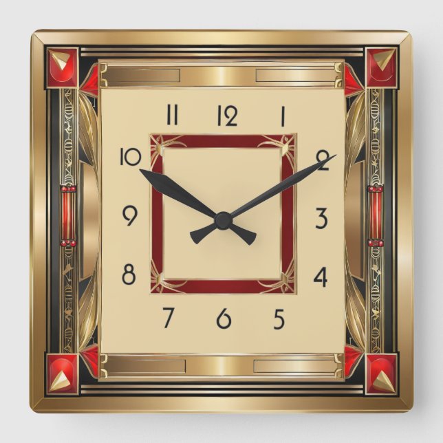 Reloj Cuadrado Art Deco elegante rojo y oro (Anverso)