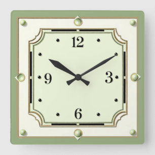 Reloj Cuadrado Art Deco Elegante Verde Suave