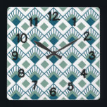 Reloj Cuadrado Art Deco Fans<br><div class="desc">This wall clock has an art deco design of teal diamonds with diagonal lines and seafoam green diamonds on a field of white.</div>