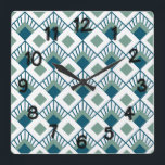Reloj Cuadrado Art Deco Fans<br><div class="desc">This wall clock has an art deco design of teal diamonds with diagonal lines and seafoam green diamonds on a field of white.</div>