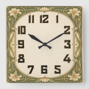 Reloj Cuadrado Art Deco Floral Verde
