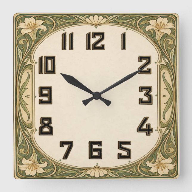 Reloj Cuadrado Art Deco Floral Verde (Anverso)