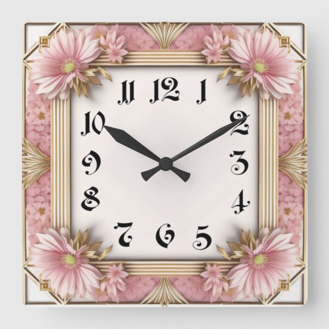 Reloj Cuadrado Art Deco Flower Pink (Anverso)