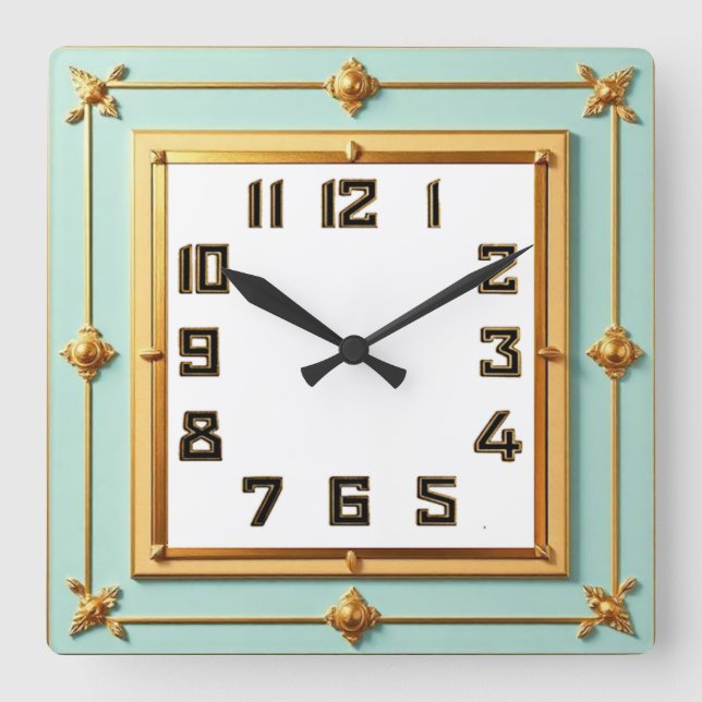 Reloj Cuadrado Art Deco Menta y Oro (Anverso)