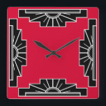 Reloj Cuadrado Art Deco Pattern in Red<br><div class="desc">Based on classic art deco shapes of a sunburst,  recreated in red and black</div>