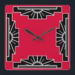 Reloj Cuadrado Art Deco Pattern in Red<br><div class="desc">Based on classic art deco shapes of a sunburst,  recreated in red and black</div>