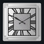 Reloj Cuadrado Art Deco, plata cepillada<br><div class="desc">Art Deco,  plateado cepillado,  reloj de pared de efecto 3d con números negros - gráficos digitales</div>