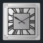 Reloj Cuadrado Art Deco, plata cepillada<br><div class="desc">Art Deco,  plateado cepillado,  reloj de pared de efecto 3d con números negros - gráficos digitales</div>