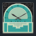 Reloj Cuadrado Art Deco Radiola (3 verdes y un negro)<br><div class="desc">La pintura digital original de este reloj fresco se inspiró en un diseño de radio Art Deco de los años 30. Utilizando varias técnicas de sombreado para sugerir un reloj Bakelite 3D contra un papel pintado negro con un delgado patrón de círculo blanco, este reloj de pared seguro que recoge...</div>